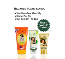 Combo Because I Care — Bloqueador Solar SPF-40 + Limpiador Facial Tulsi Neem + Shafair Plus, 100 gramos + 50 gramos + 25 gramos