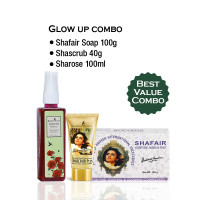 Kit Glow Up Combo — Jabón Shafair Plus + Tónico Facial Sharose Premium enriquecido con Dátiles + Exfoliante Facial y Corporal Shascrub Plus de Nuez, 100 gramos + 100 ml + 40 gramos